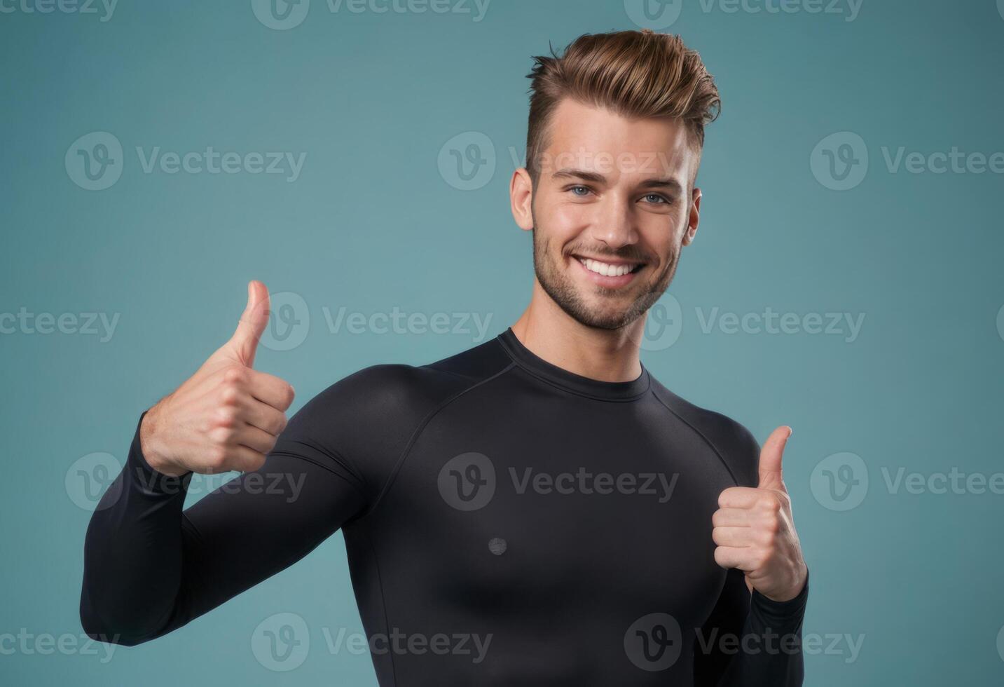 AI Generated A surfer in a wetsuit gives a thumbs up, his grin expressing eager anticipation. photo