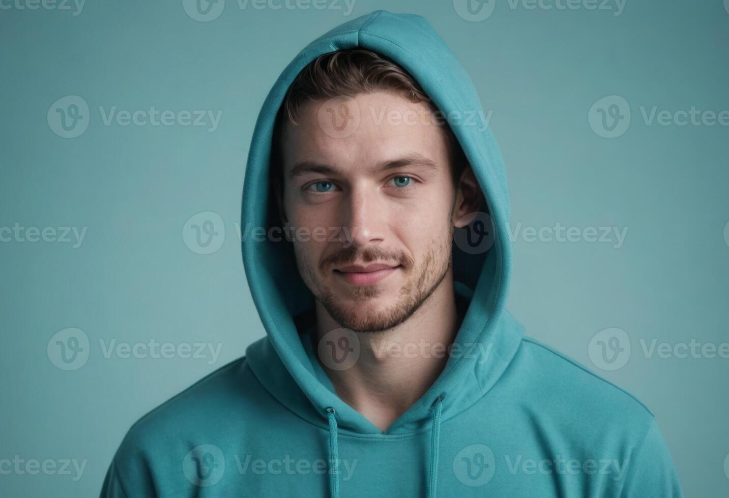 AI Generated A man in a teal hoodie with a contemplative look on his face. photo