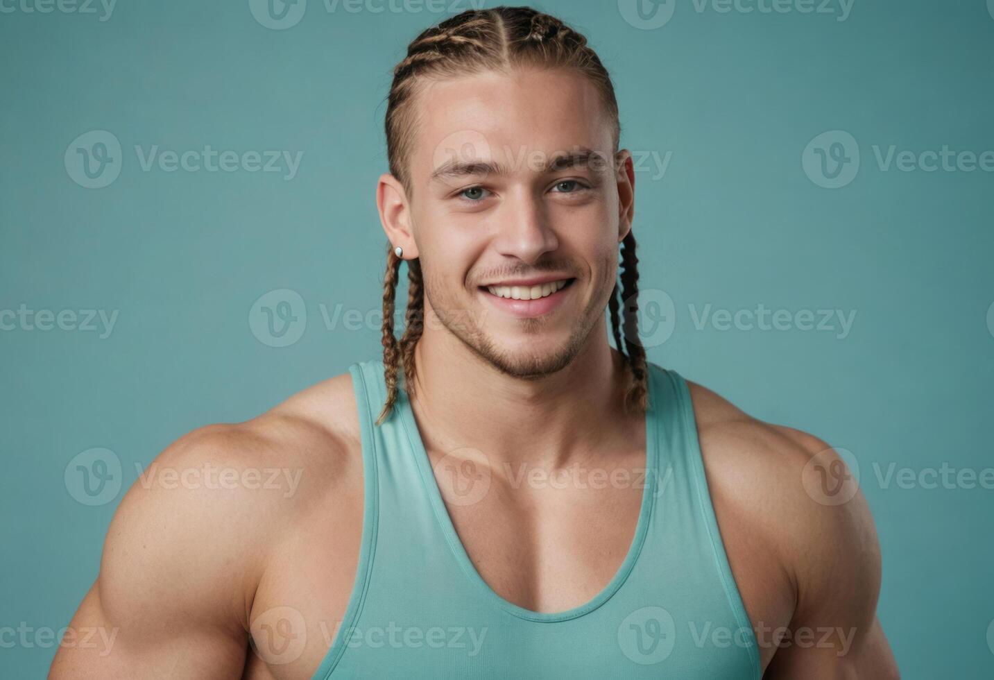 AI Generated An athletic man with braided hair smiling in a tank top, showing a relaxed attitude. photo