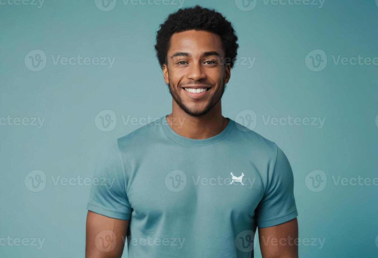 AI Generated A happy man wearing a teal t-shirt with a broad, welcoming smile. photo