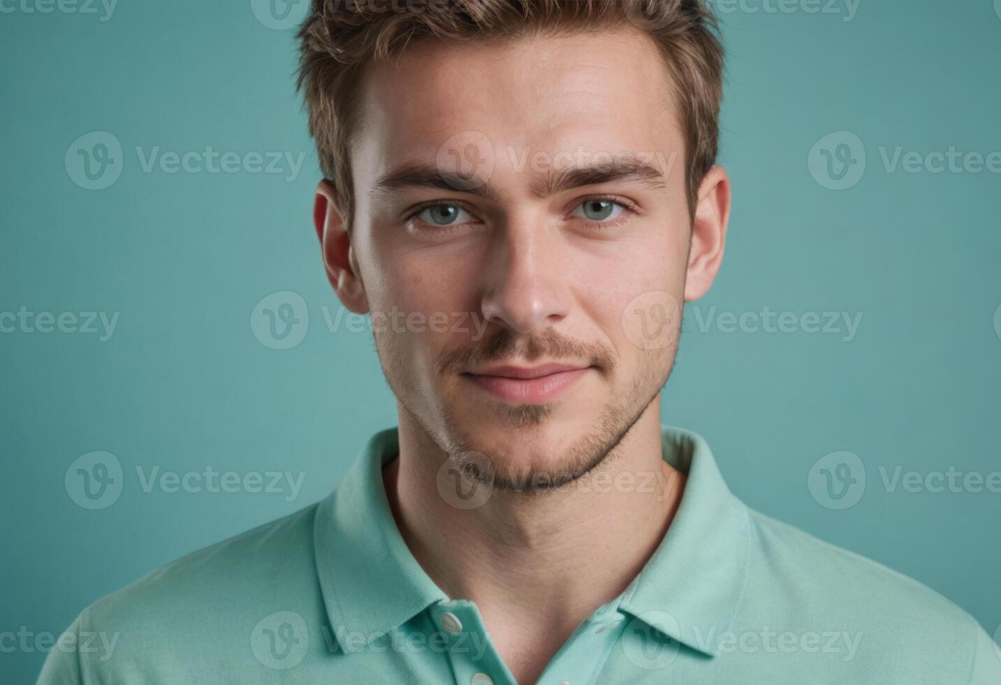 AI Generated A focused man in a teal polo shirt looking directly at the camera with a calm expression. photo