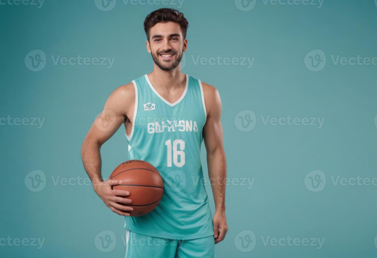 AI Generated A basketball player in teal sportswear holds the ball, ready for the game with a confident smile. photo