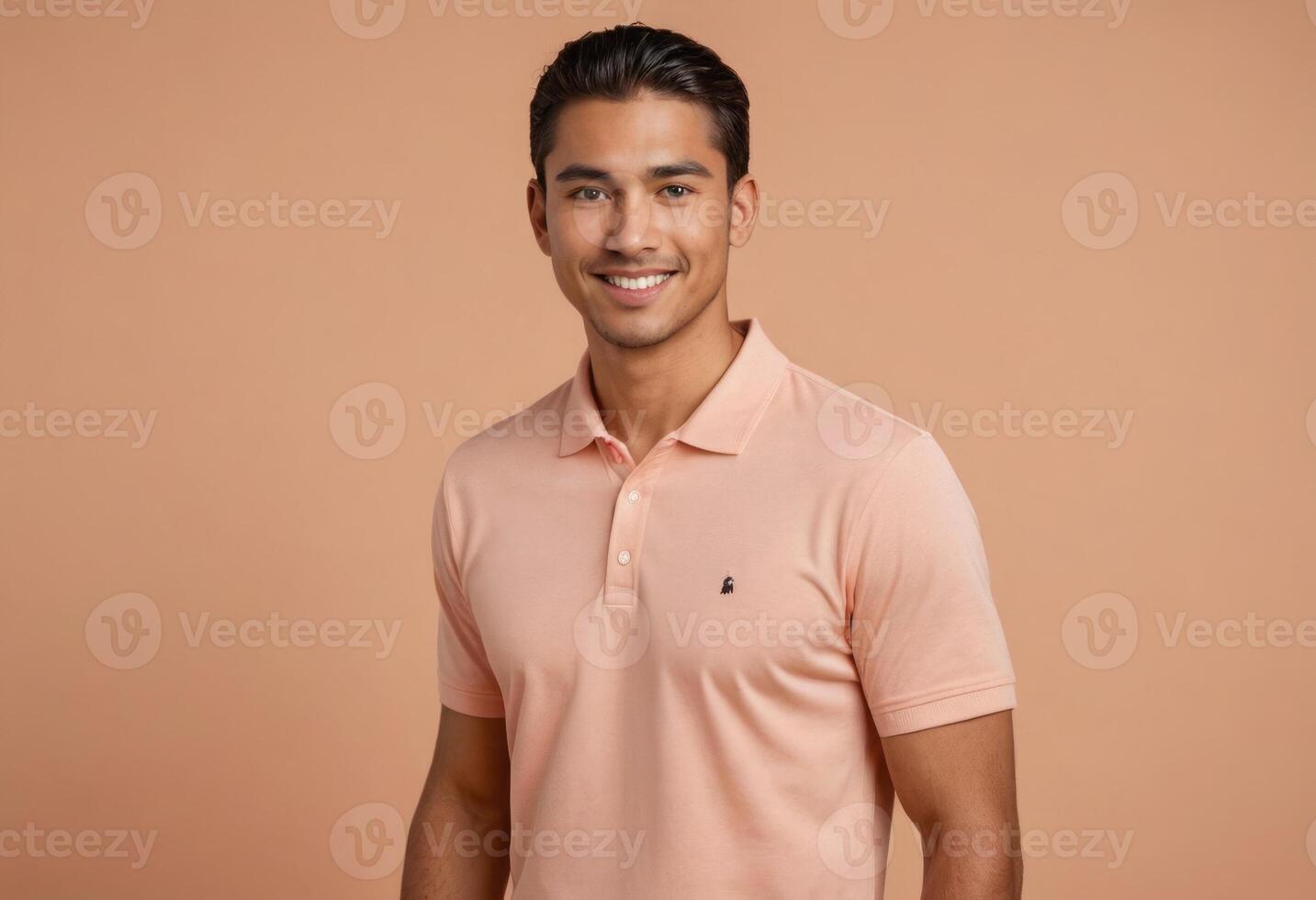 AI Generated A man in a peach polo shirt stands confidently with a friendly expression. photo