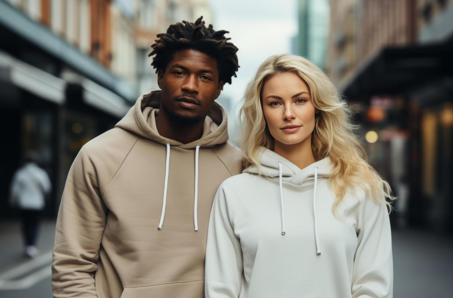AI generated one man and one woman wearing hoodies on a city street photo