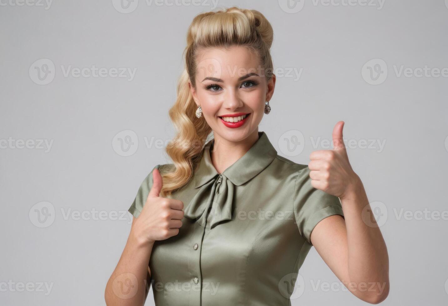 AI Generated A woman styled in a retro fashion gives a thumbs up, her bright smile evoking a cheerful mood. photo