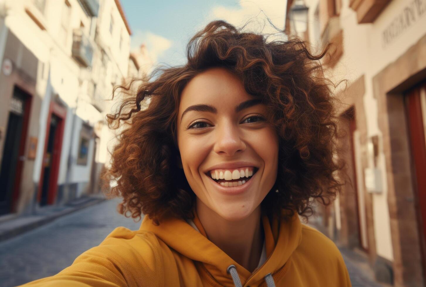 ai generado mujer sonriente y tomando selfie foto