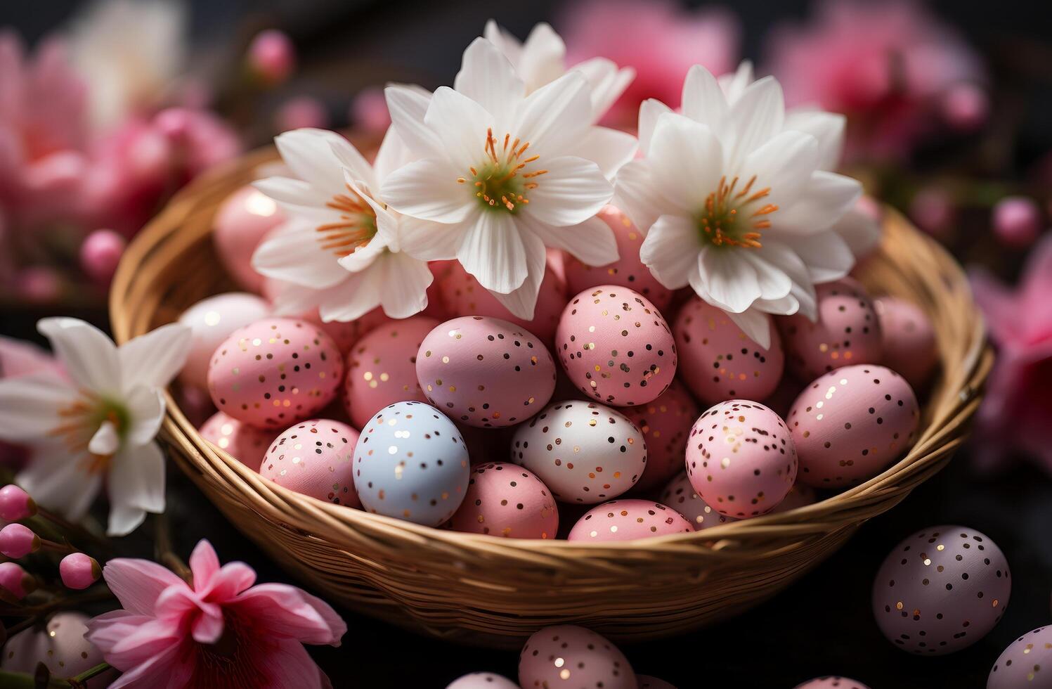 AI generated A basket filled with colored Easter eggs, surrounded by flower bulbs and daffodils photo