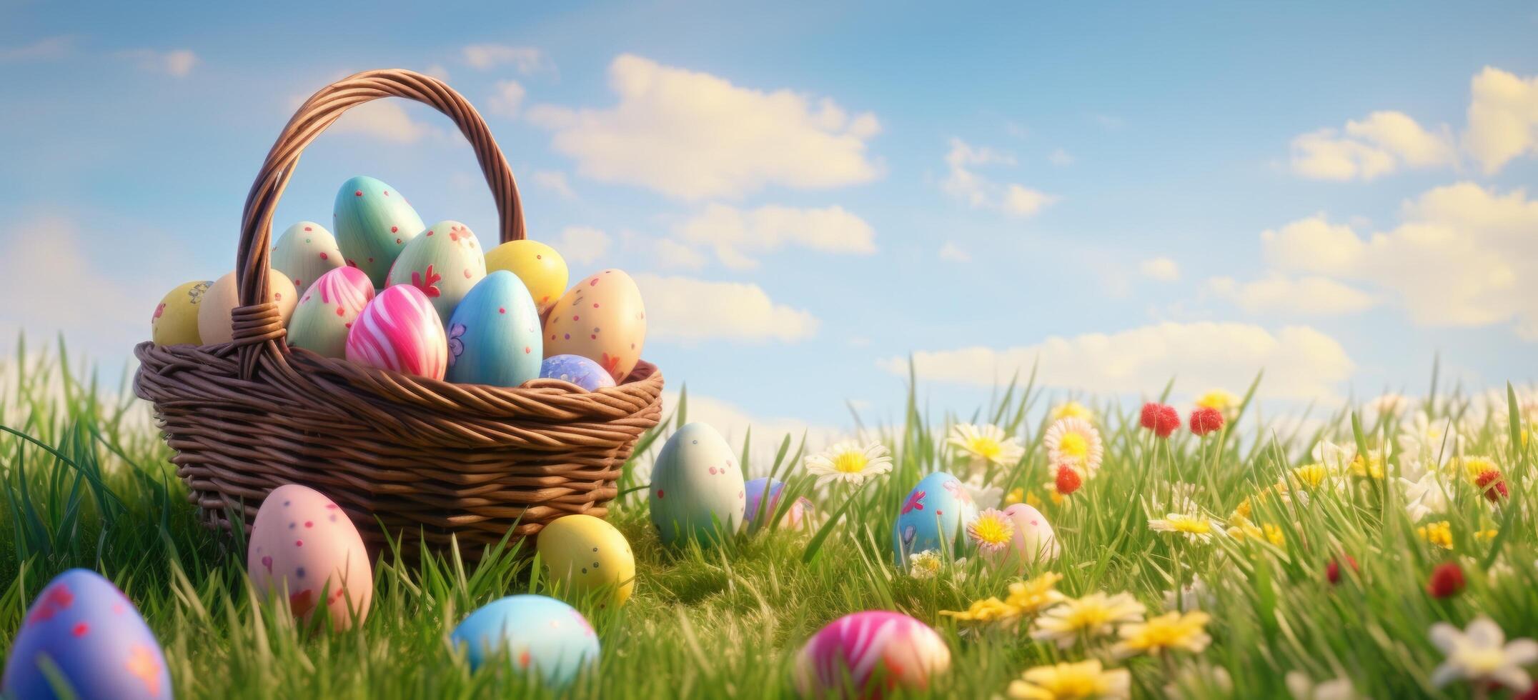ai generado un cesta lleno de vistoso Pascua de Resurrección huevos son en un herboso prado foto