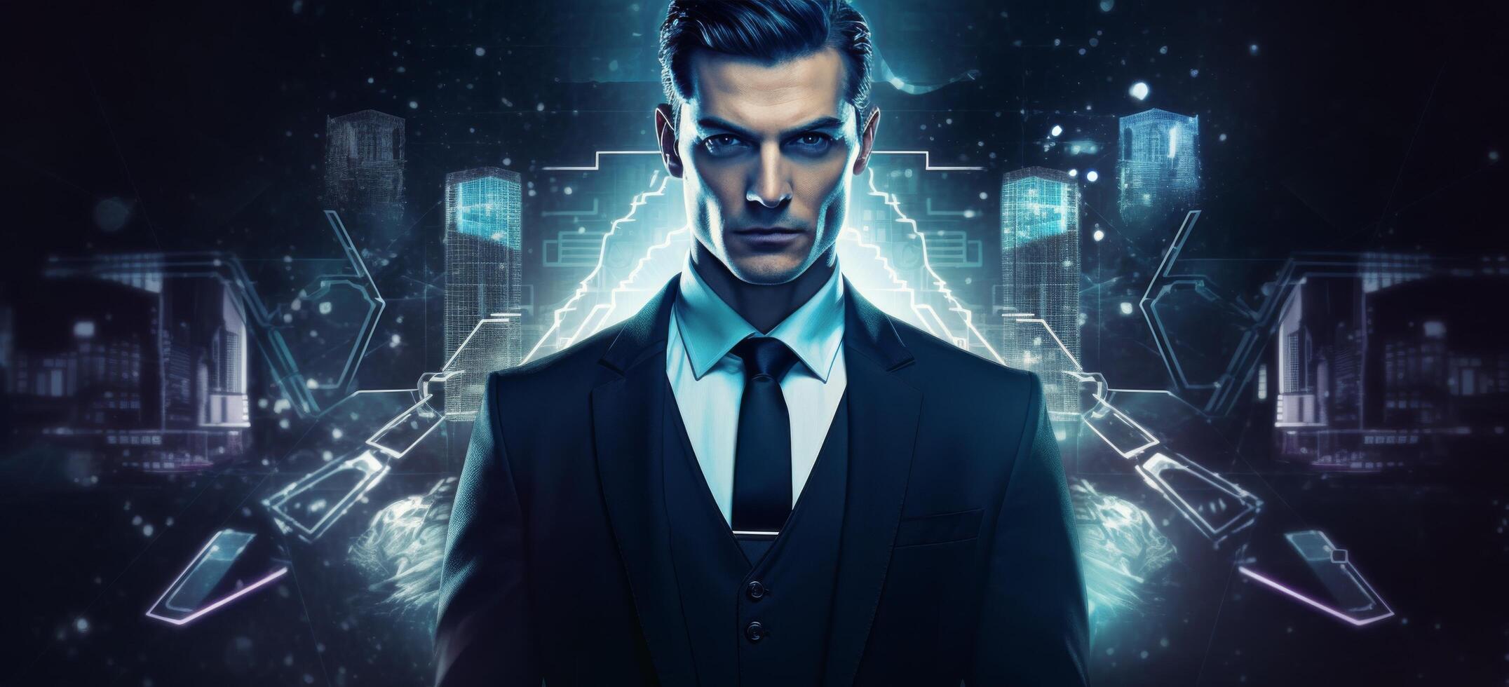AI generated Futuristic Businessman with Digital Interface Background photo