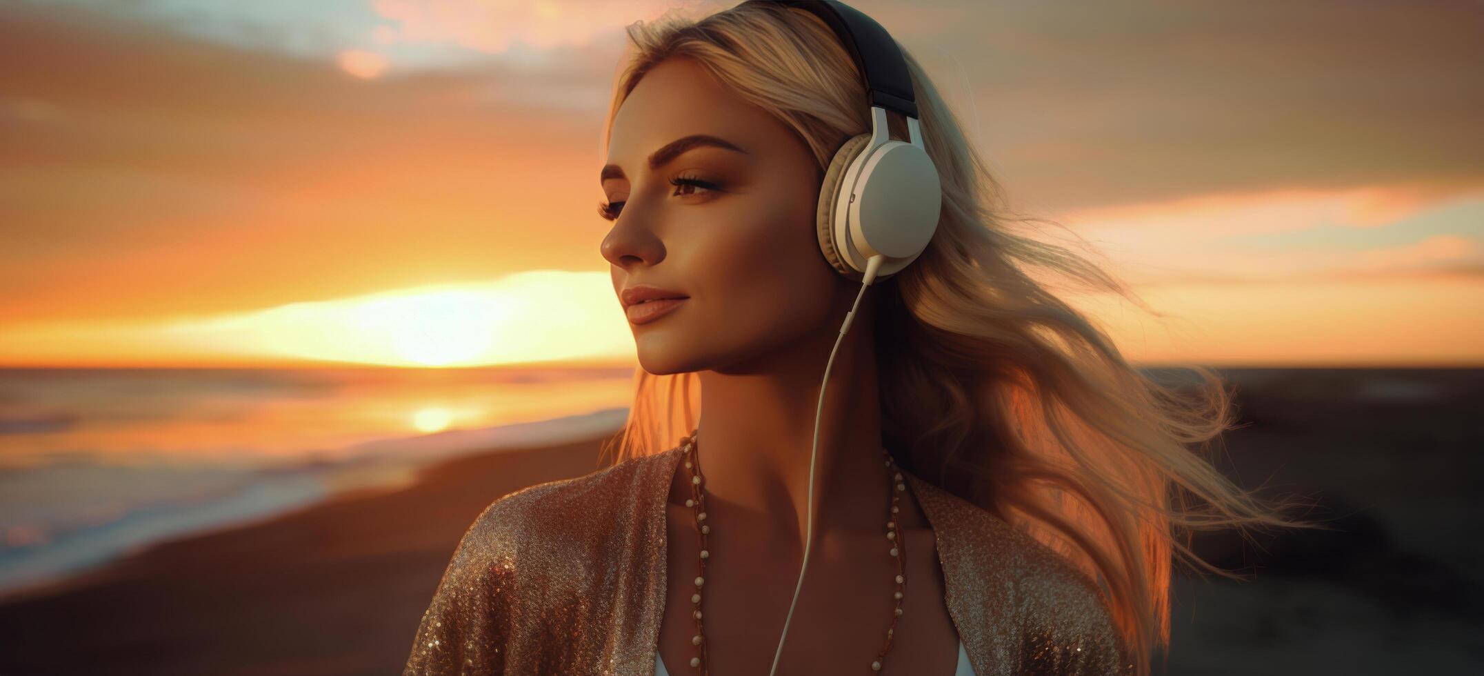 ai generado mujer participación auriculares a puesta de sol por el playa foto