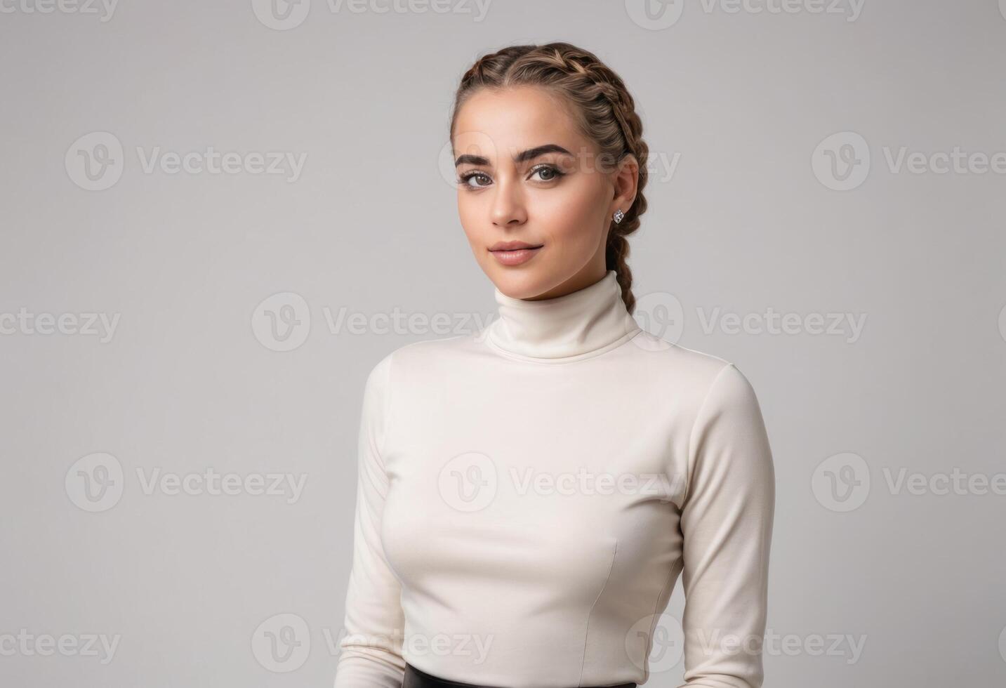 AI Generated A sophisticated woman in a cream turtleneck sweater poses with her hair styled in braids, radiating a mix of classic and modern elegance. photo