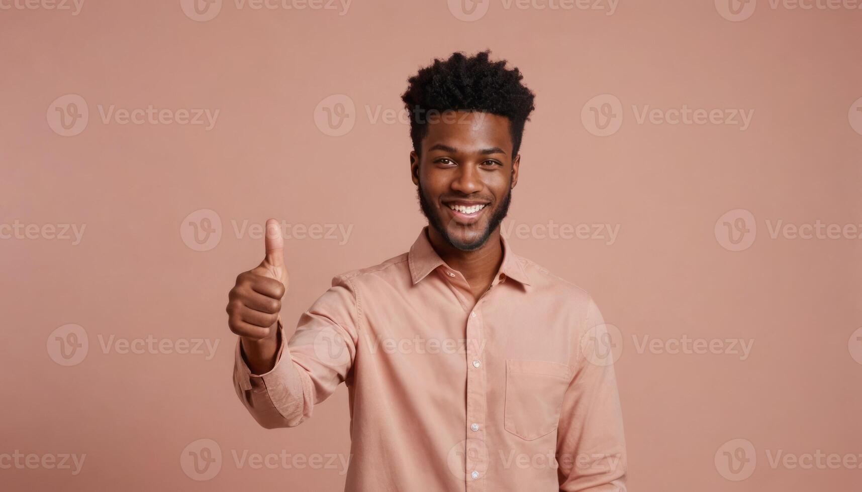 AI Generated A young man with an afro hairstyle smiles warmly and shows a thumb up gesture in front of a coral backdrop. He wears a casual button-up shirt. photo