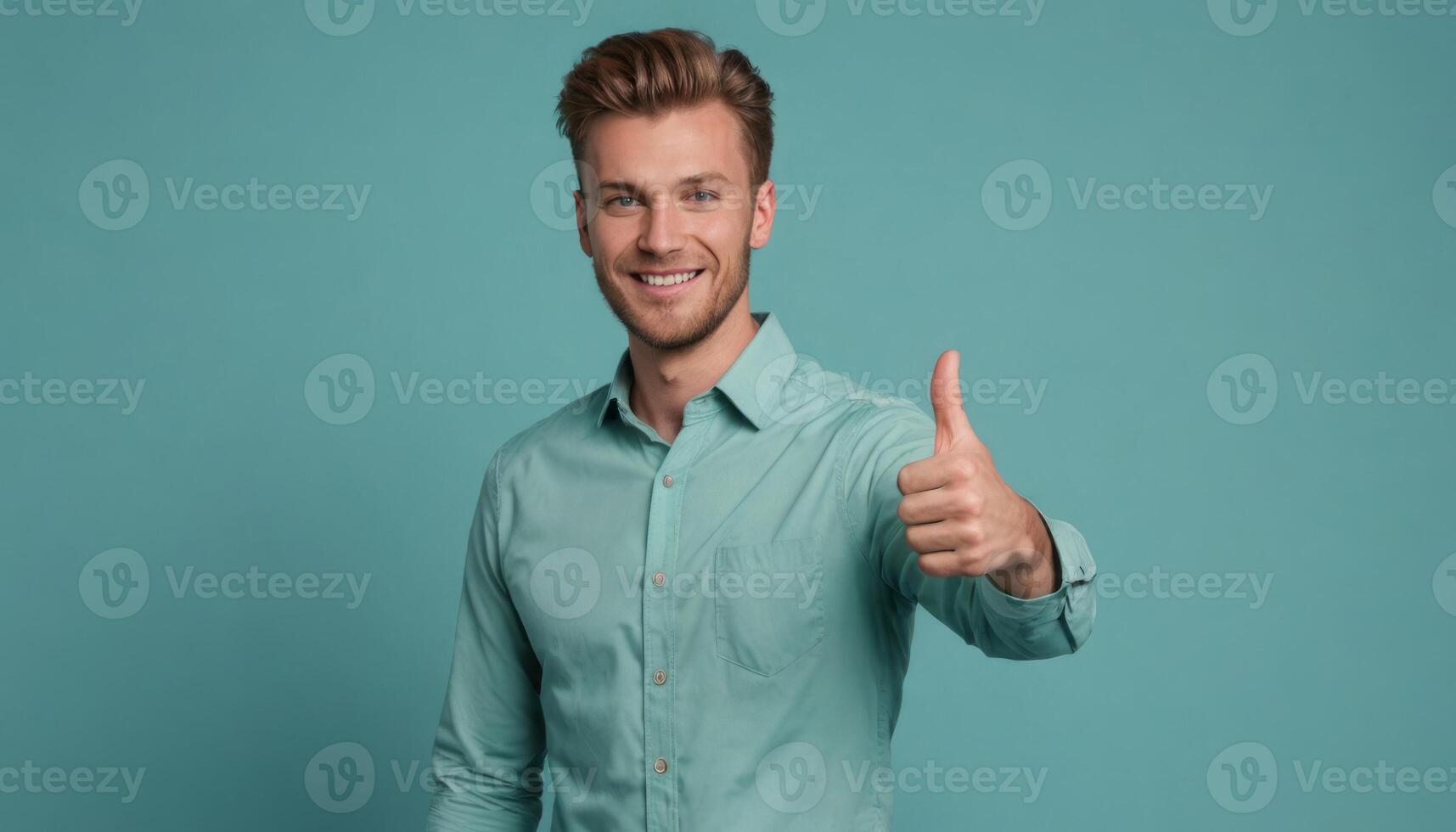 AI Generated A man with a stylish hairstyle giving a thumbs up, his pleasant demeanor and smile communicate a positive vibe. photo
