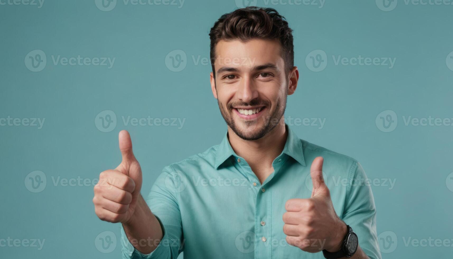 AI Generated A happy young man with styled hair gives a thumbs up, signaling approval in a teal shirt, with a matching background. photo