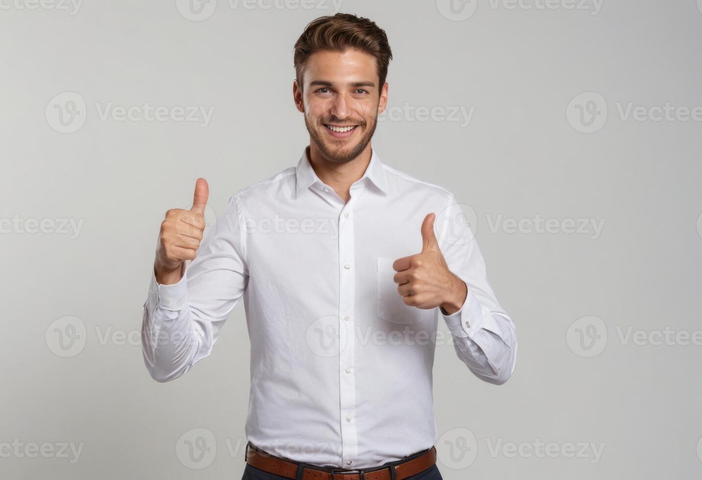 AI Generated A beaming man in a white button-up shirt shows a thumbs up, his cheerful demeanor enhanced by the formal attire. photo