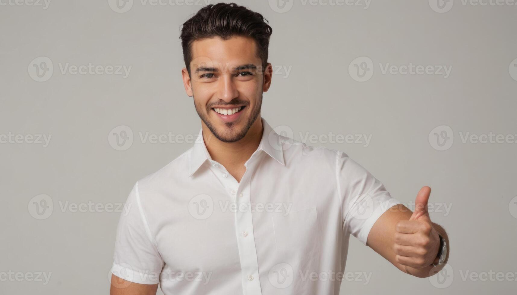 AI Generated A confident professional in a crisp white shirt gives a thumbs up, exuding a friendly and business-like demeanor. photo