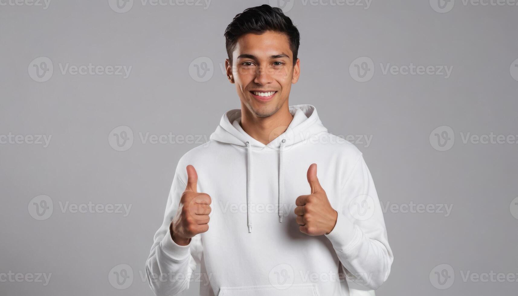 ai generado un alegre hombre en un blanco capucha da dos pulgares arriba, su simpático comportamiento brilla en contra el gris antecedentes. foto