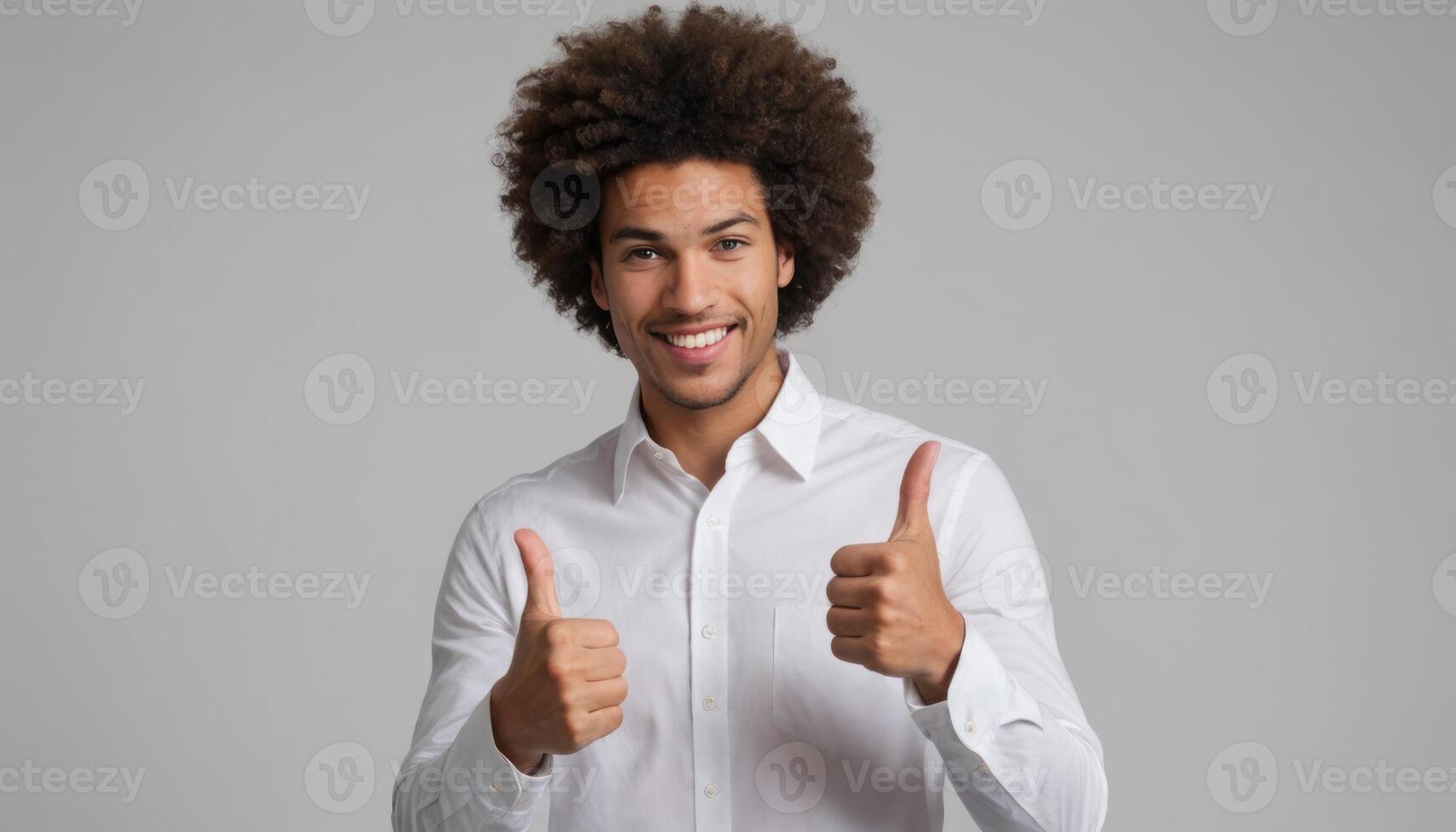 AI Generated A man with curly hair smiles and gives a thumbs up in a white button-down shirt, expressing a joyful demeanor. photo