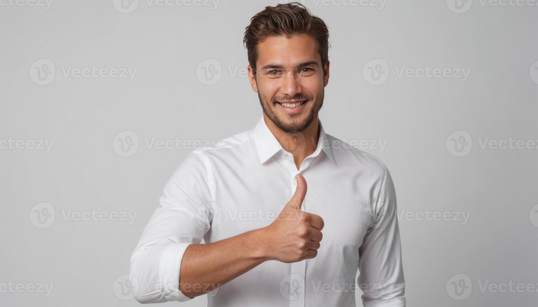 AI Generated A professional young man with a warm smile gives a thumbs up, dressed in a formal white shirt for a smart appearance. photo