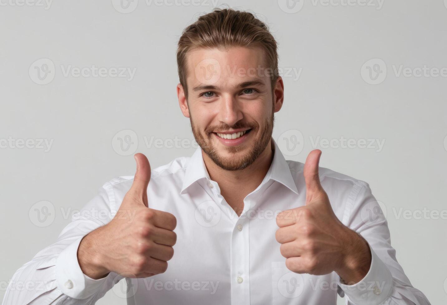 AI Generated A confident professional in a white shirt gives two thumbs up, his expression friendly and assured. photo