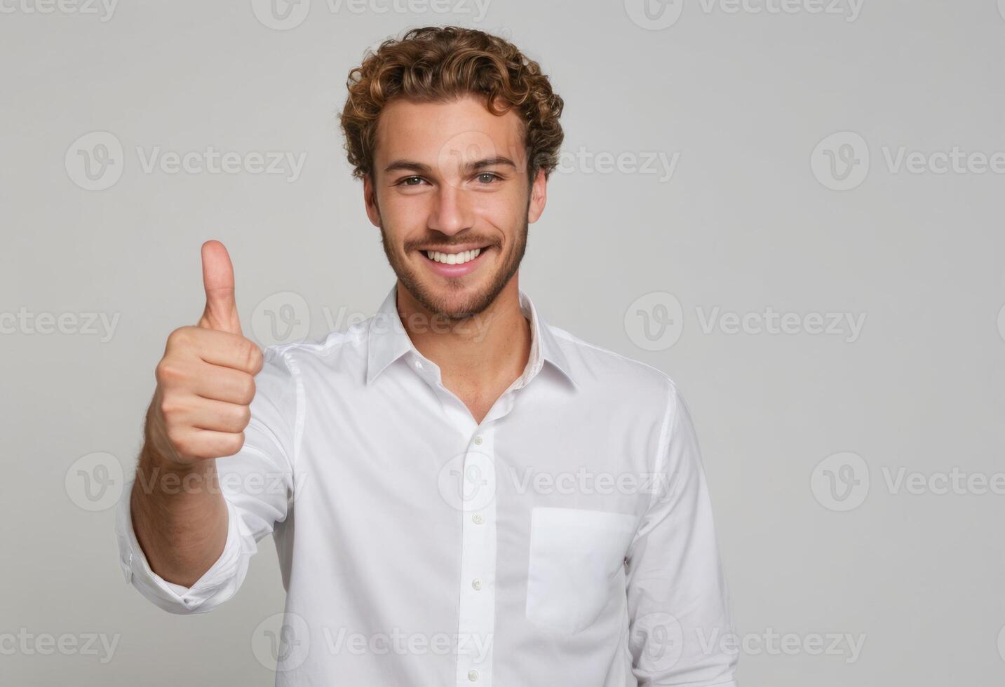 AI Generated A man with curly blond hair shows a thumbs up with a big smile, dressed in a formal white shirt for a polished look. photo
