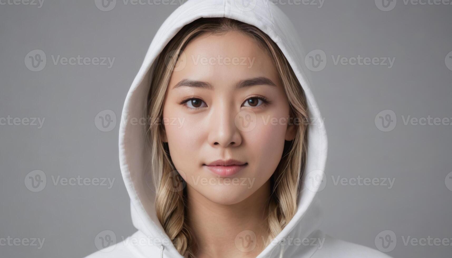 ai generado un sereno mujer en un blanco sudadera, su mirada directo y atractivo en contra un suave antecedentes. foto