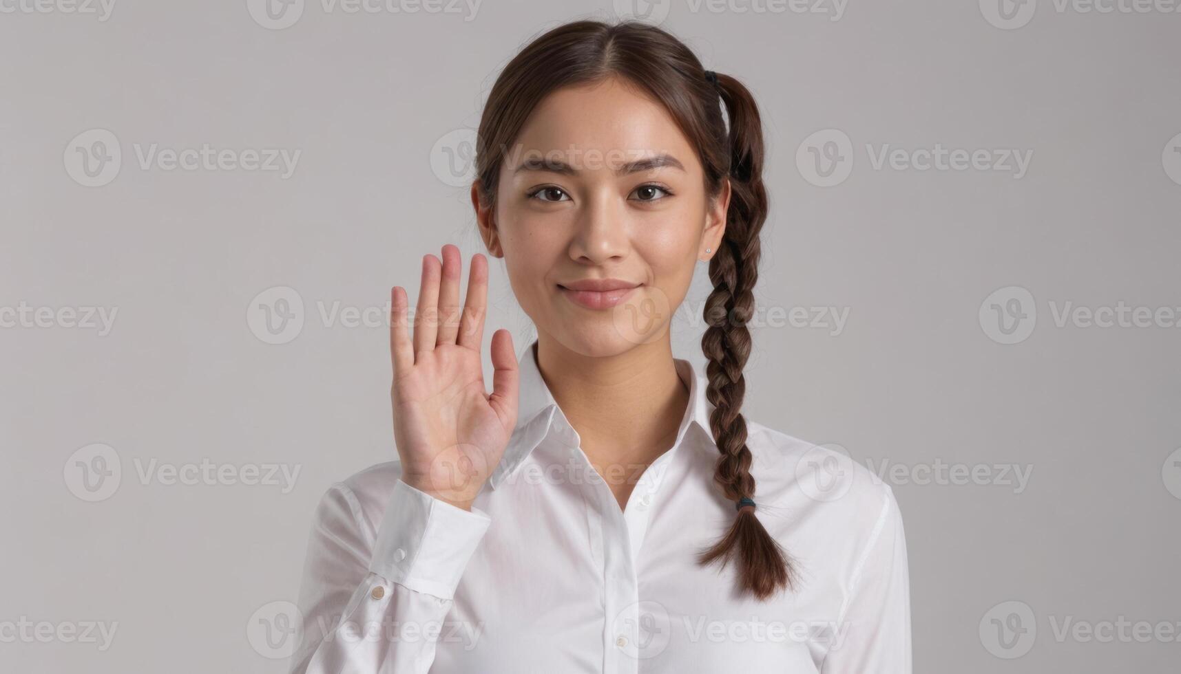 AI Generated A friendly woman with an open hand gesture in a formal white shirt, signaling a welcoming and professional approach. photo