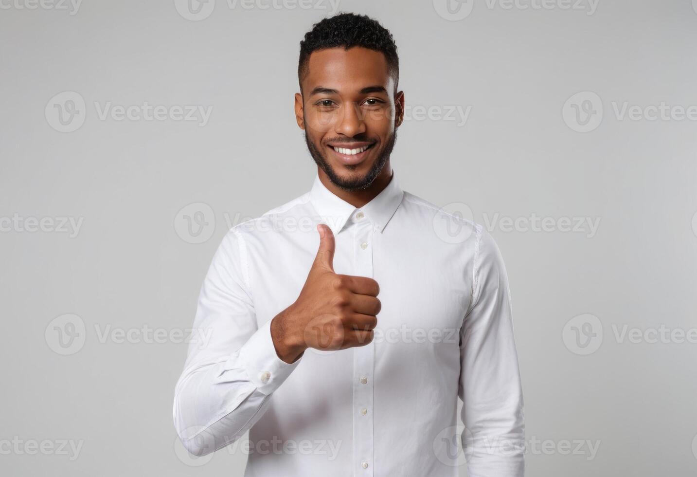 AI Generated A man in a smart casual white shirt gives a thumbs up, his confident expression conveying trust and approachability. photo