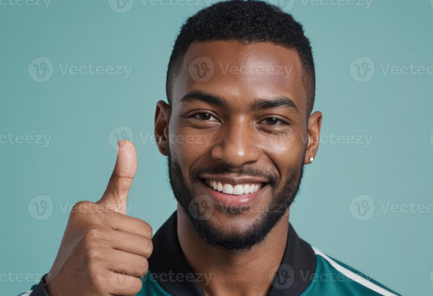 AI Generated A cheerful man gives a thumbs up, his smile exuding friendliness and positivity. photo