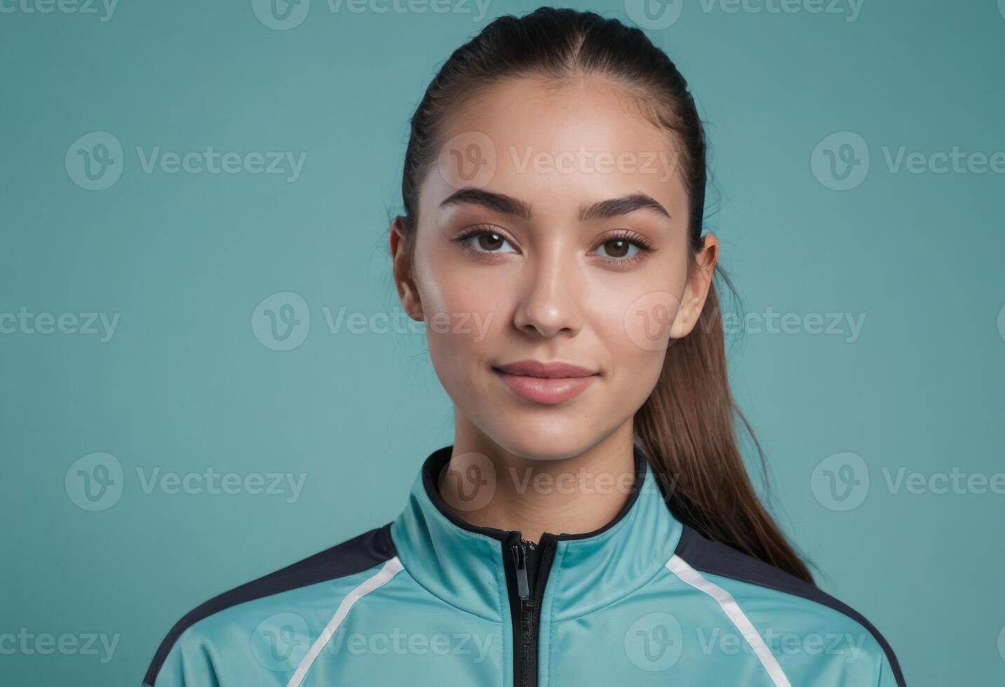AI Generated A sporty woman wearing a teal jacket looks confidently at the camera with a composed expression. photo