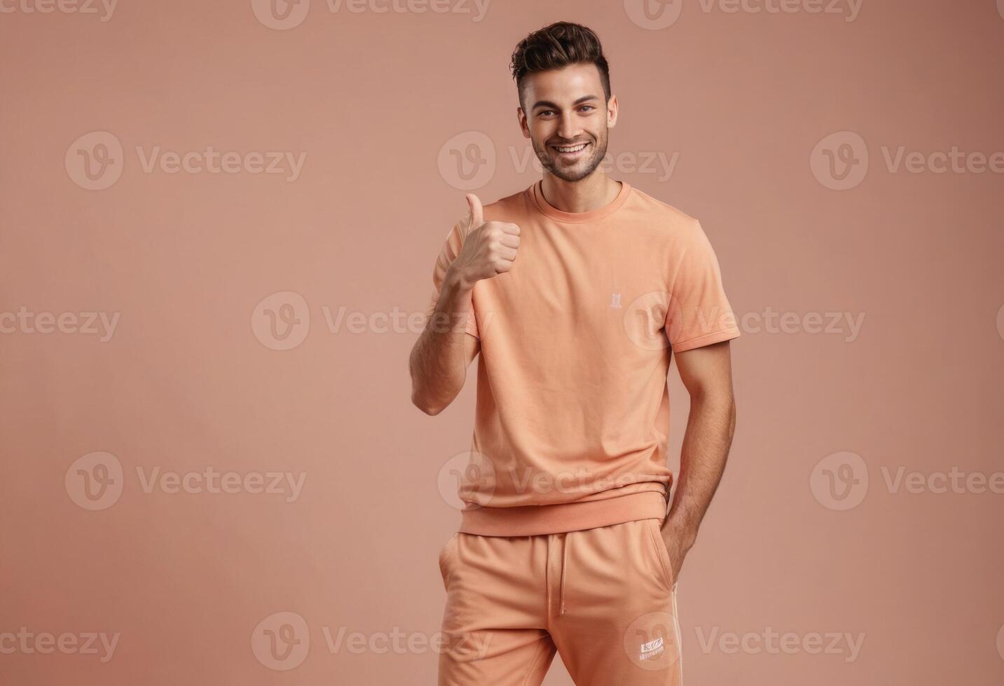 AI Generated A stylish man in a matching orange tracksuit gives a thumbs up, standing out with his trendy look and confident stance. photo
