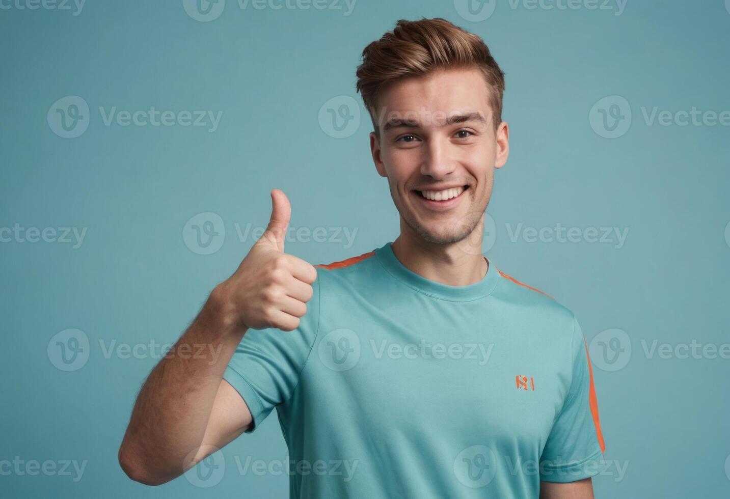 AI Generated An enthusiastic young man in a light blue sports tee gives a thumbs up, his bright demeanor conveys energy and positivity. photo