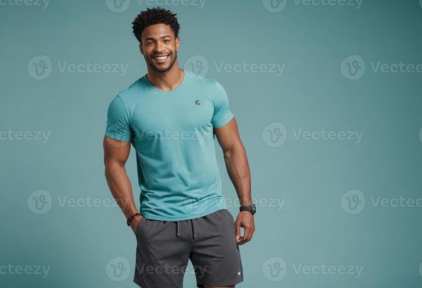 AI Generated An athletic man in a turquoise shirt and grey shorts poses casually, his fit physique suggesting a dedication to fitness. photo