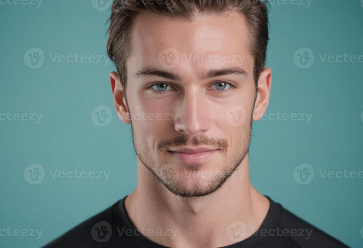 AI Generated A confident man with striking features in a black t-shirt looks directly at the camera. photo