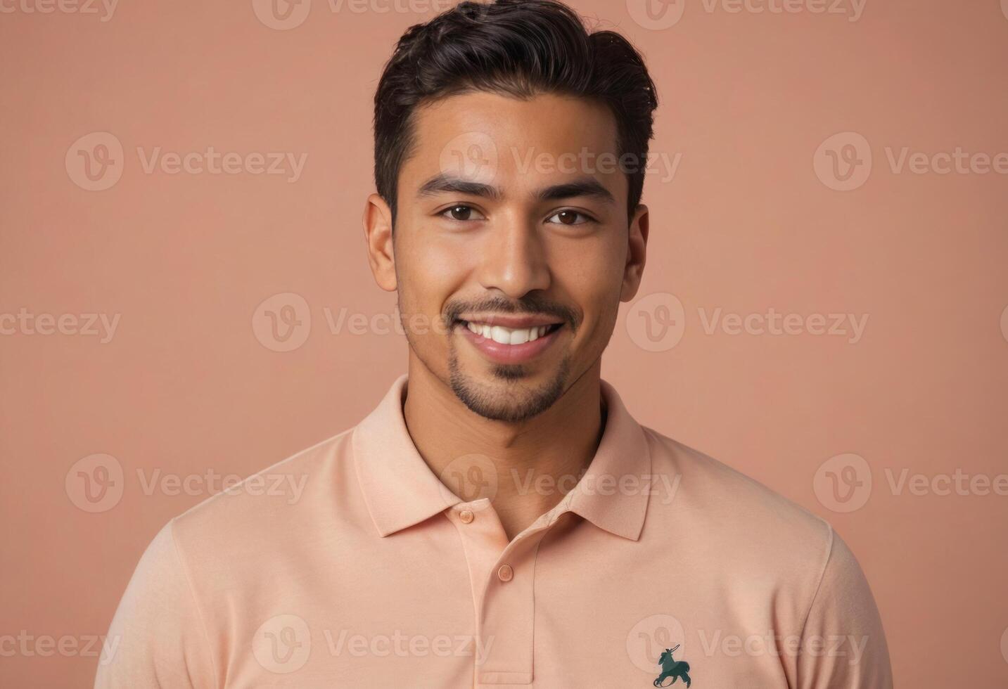 ai generado un hombre en un melocotón polo camisa con un genuino simpático sonrisa, transporte un casual elegante mirar. foto