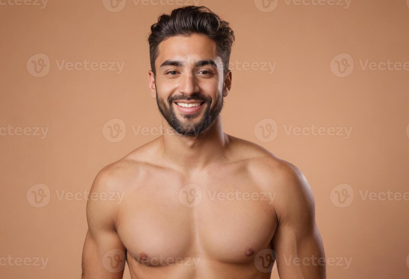 AI Generated A muscular man with a bright smile, looking directly at the camera, exuding happiness and health. photo