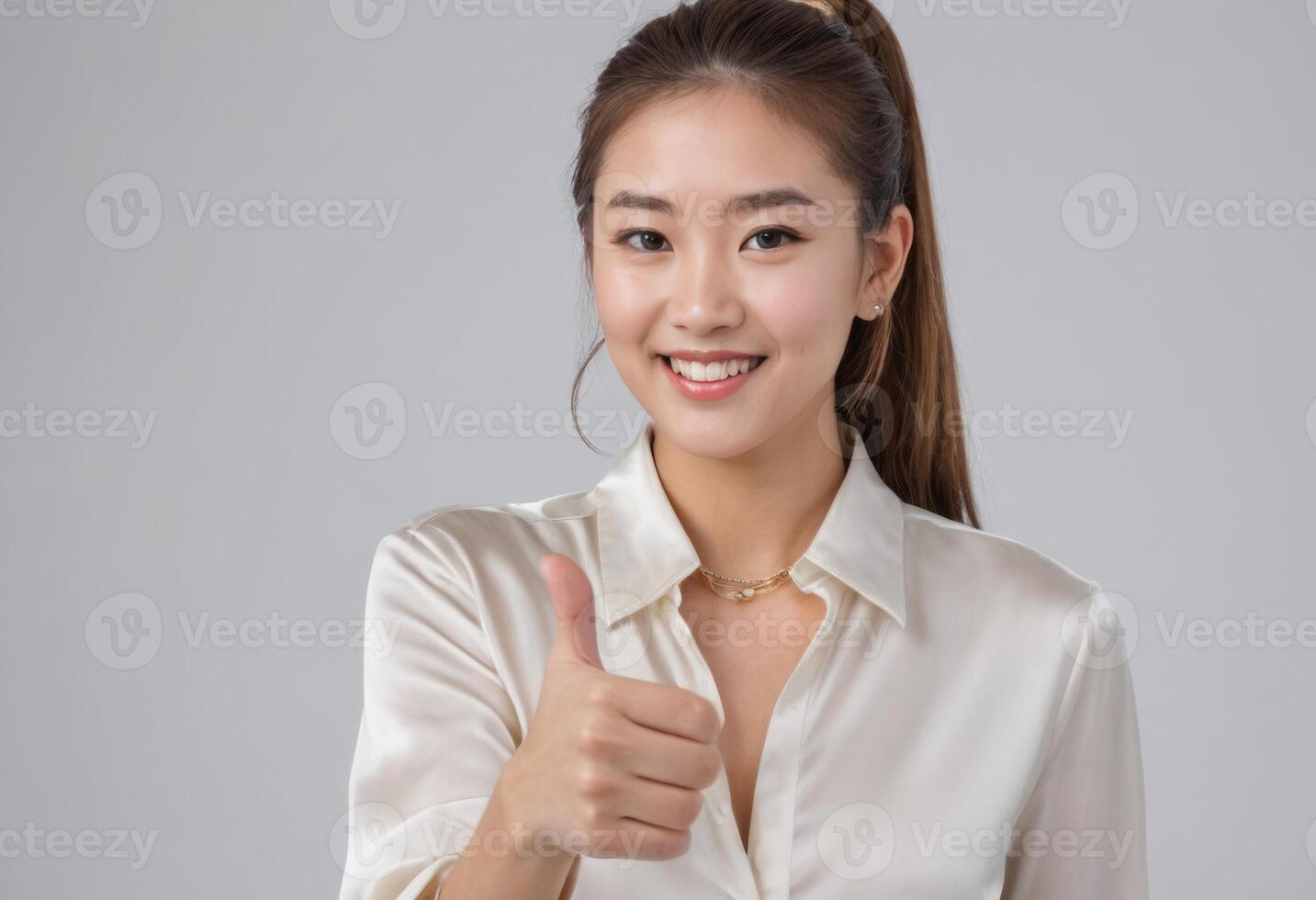AI Generated A young professional woman in a silk blouse smiles and gives a thumbs up, exuding confidence and positive energy. photo