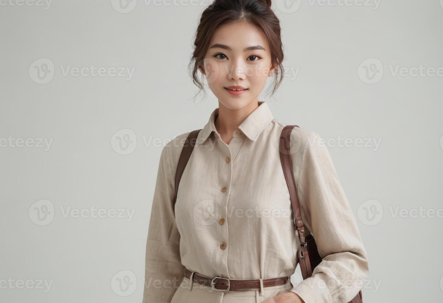 AI Generated A woman dressed in a vintage-inspired outfit with suspenders stands confidently, her style exuding a blend of modern and classic charm. photo