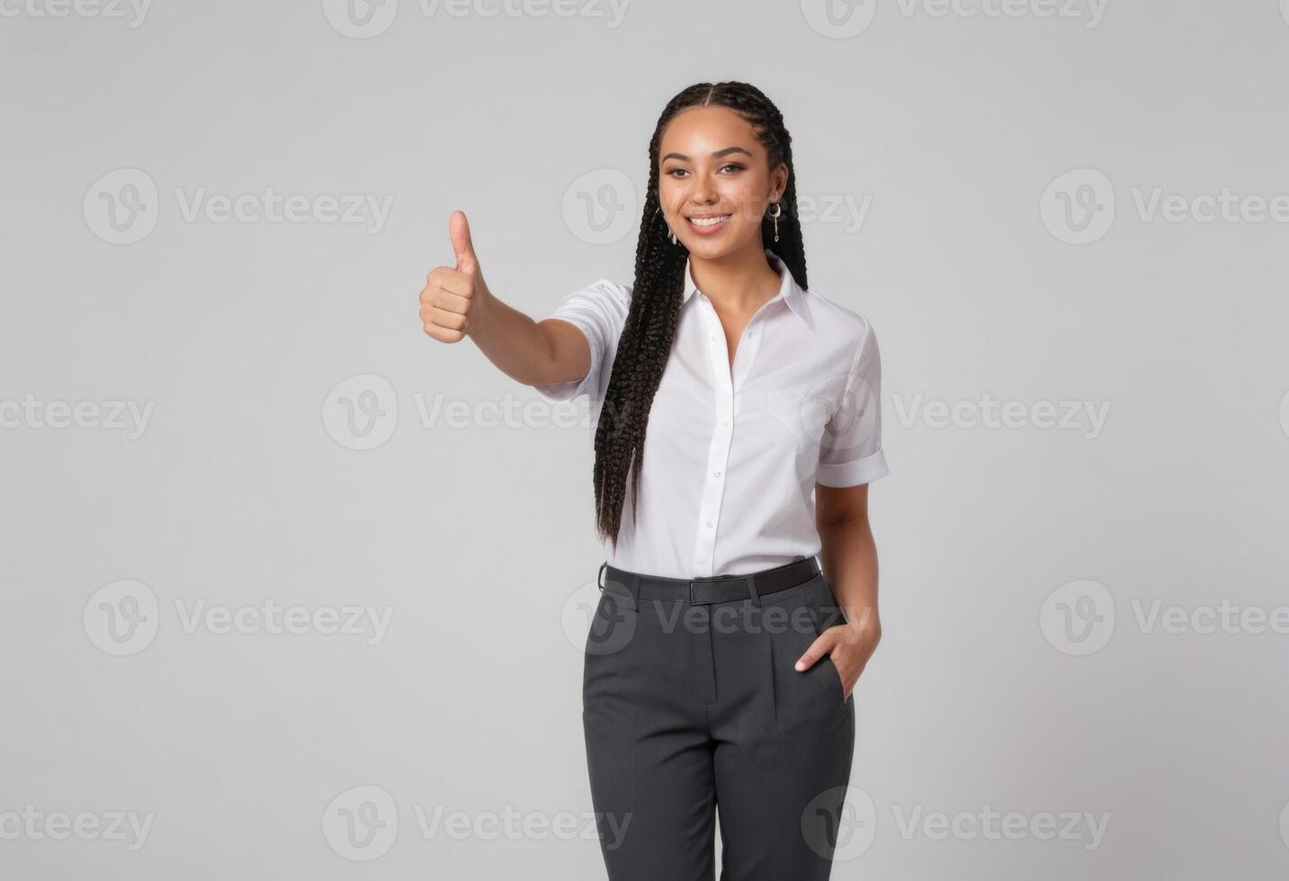 AI Generated A smiling woman in a crisp white shirt presents a professional and friendly demeanor. photo