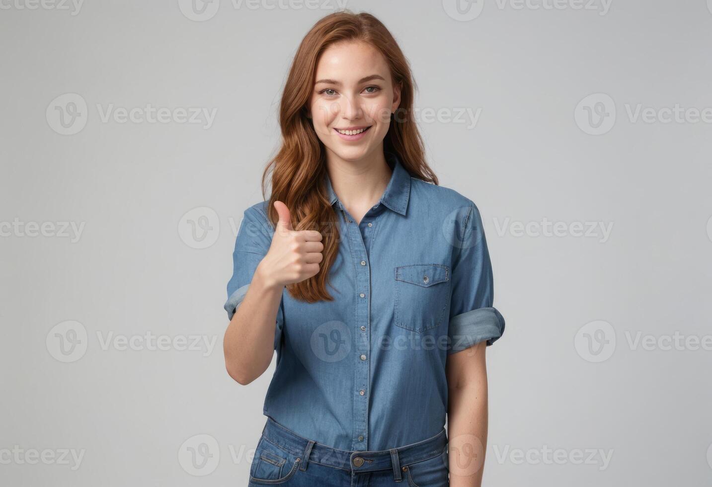 AI Generated A woman in a denim shirt gives a thumbs up, her warm smile and confident posture communicates a positive message. photo