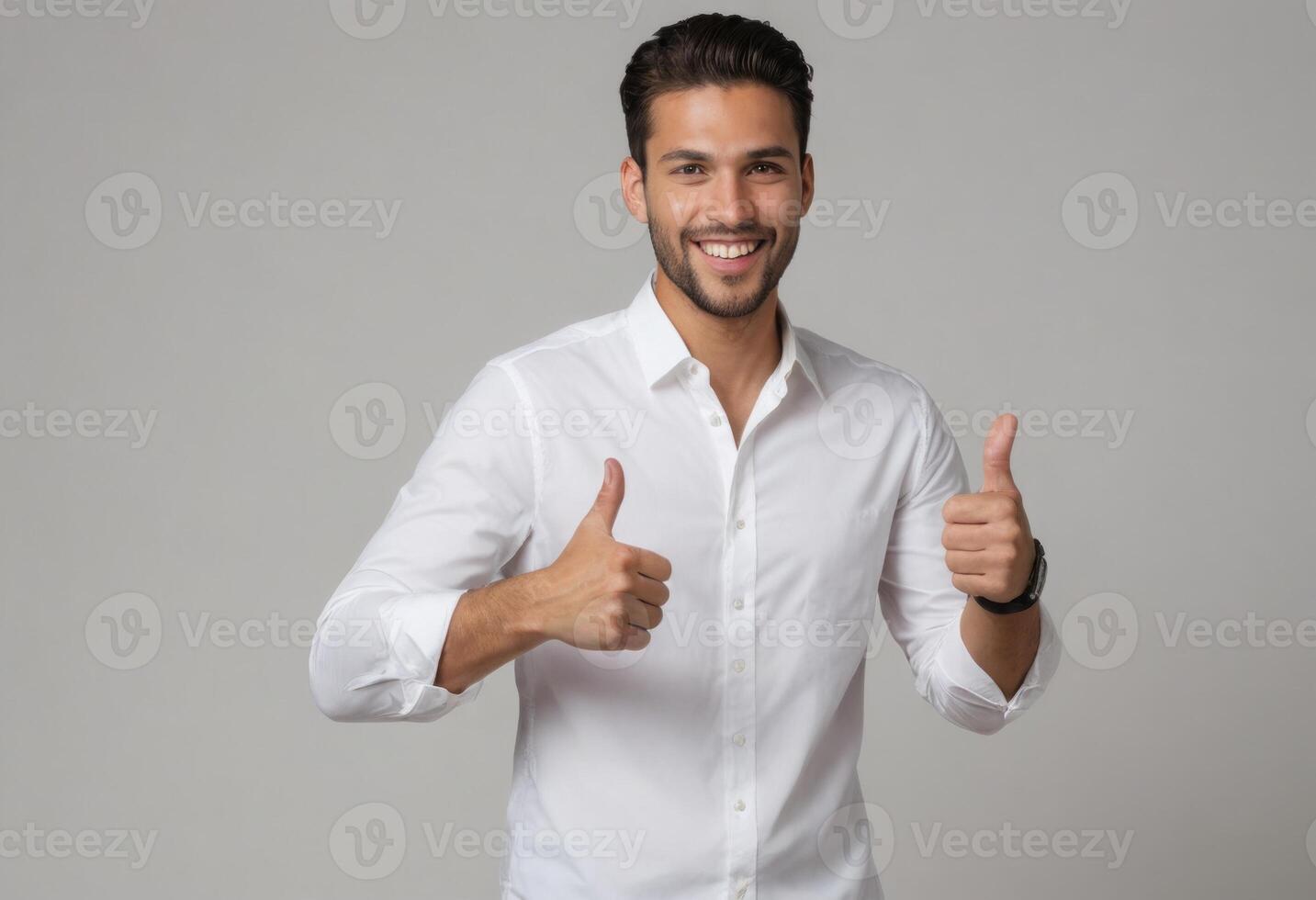 AI Generated A man with a bright smile and a neatly groomed beard giving two thumbs up in a white shirt, with an air of assurance. photo