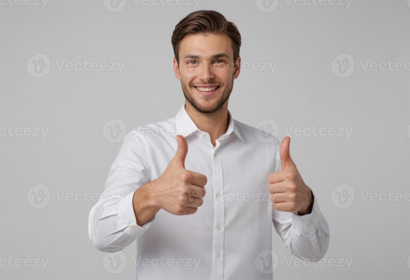 AI Generated A young professional man in a white shirt giving two thumbs up with a confident smile on a grey background. photo