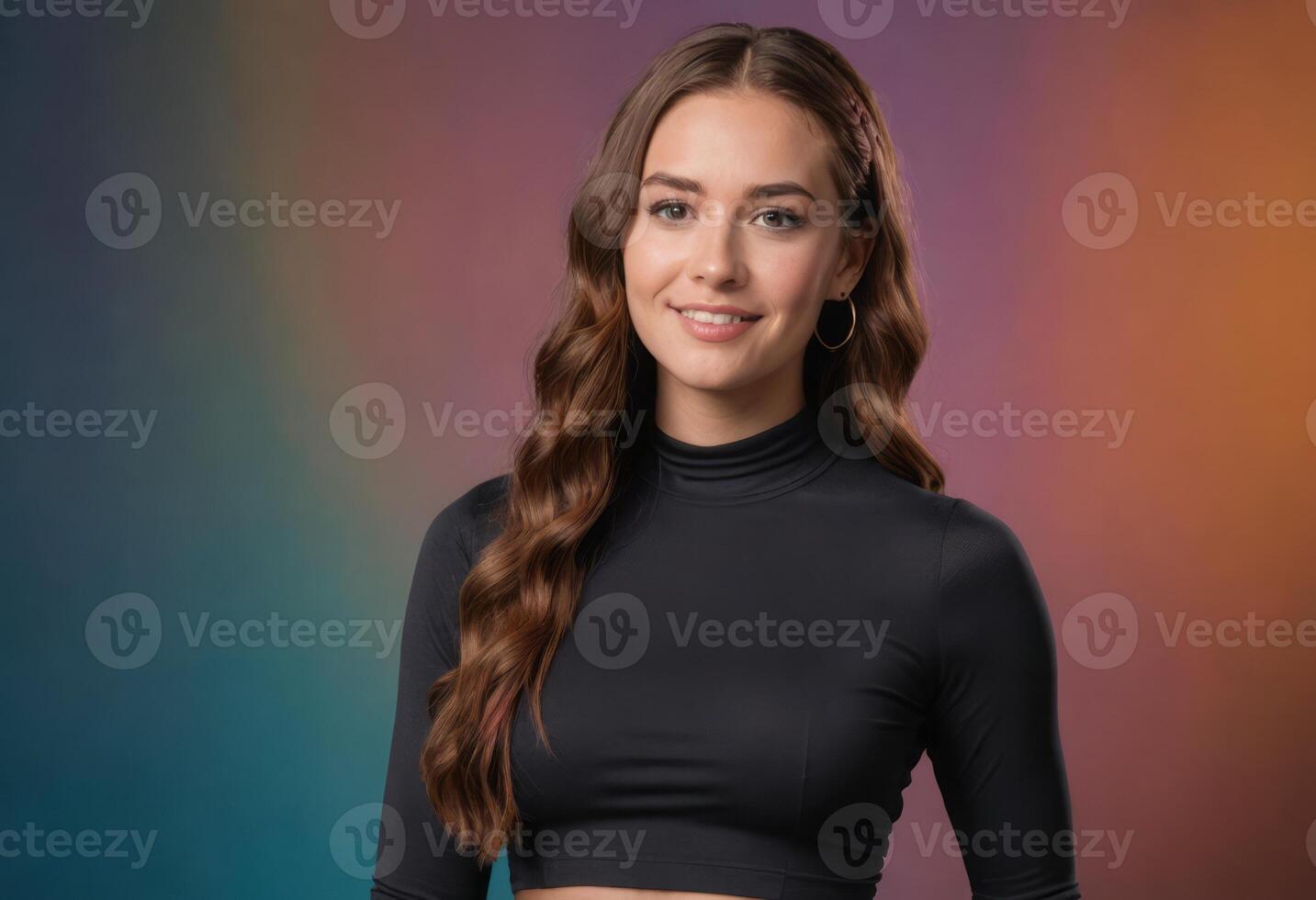 AI Generated A young woman with long braided hair wearing a black turtleneck, smiling against a colorful rainbow gradient background. photo