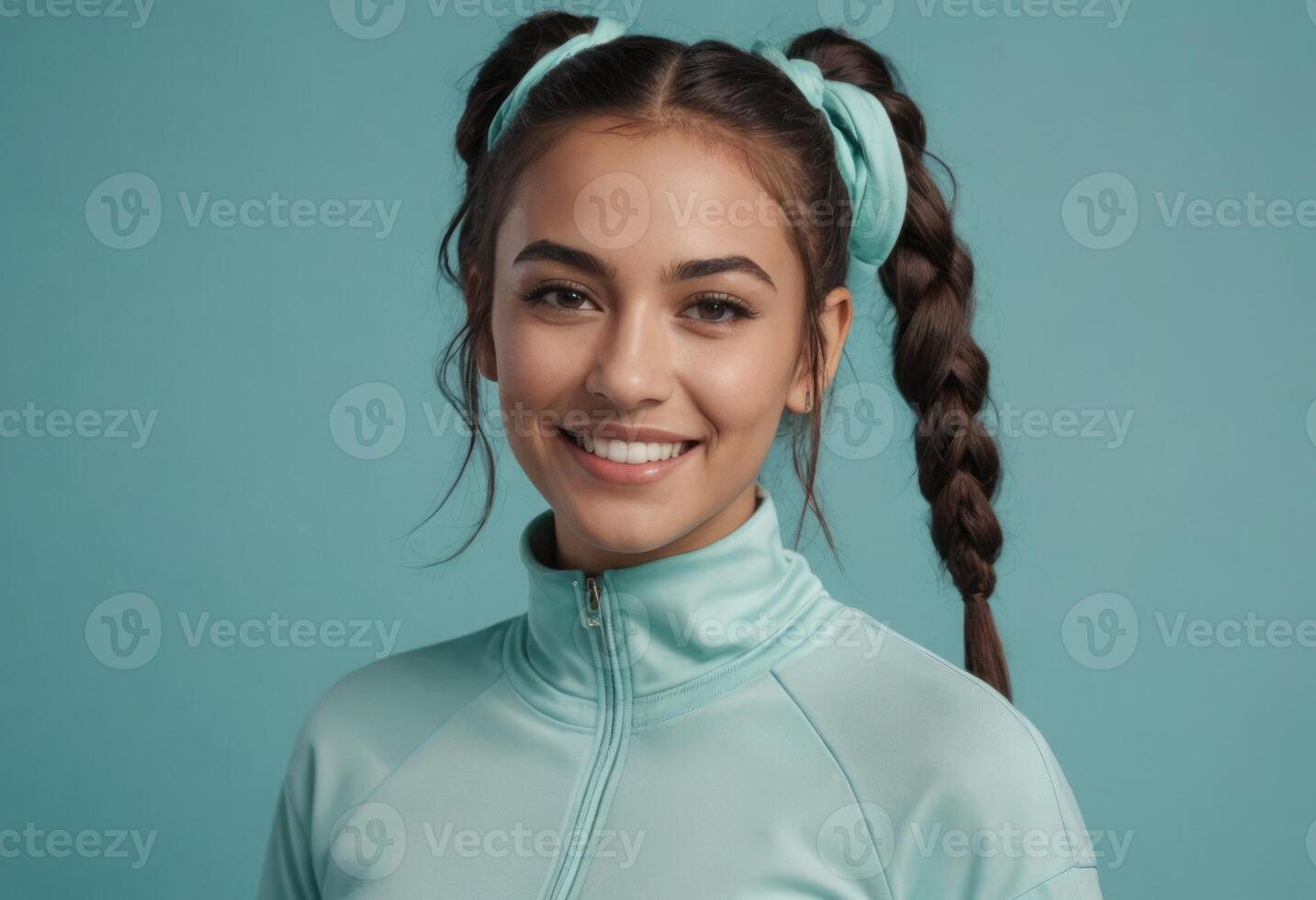 AI Generated A cheerful young woman with braided hair styled in buns, wearing a high-neck sporty top in aqua color, radiating positivity. photo