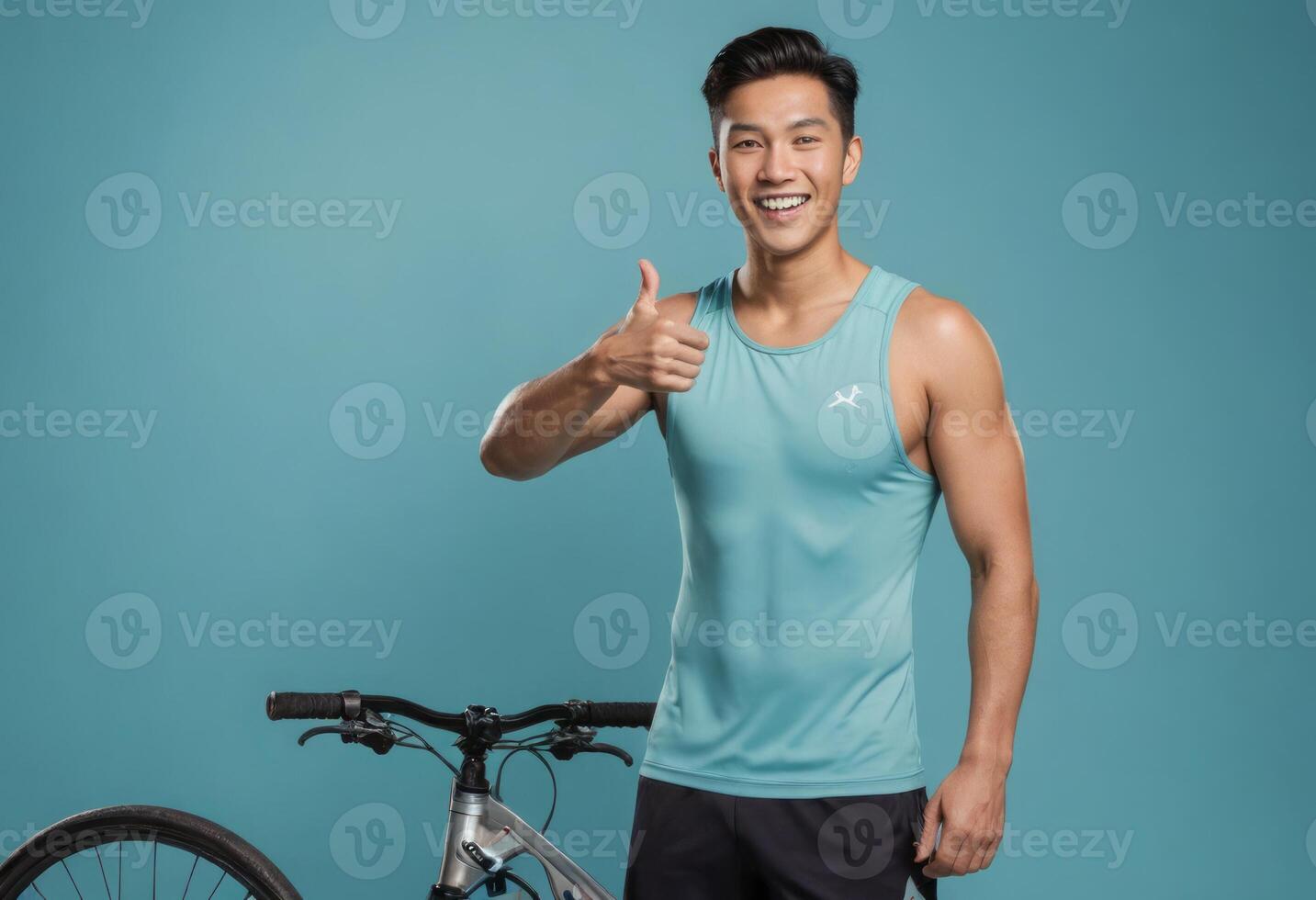 AI Generated A fit young man in a tank top with a bicycle in the background gives a thumbs up, indicating readiness for an active lifestyle. photo