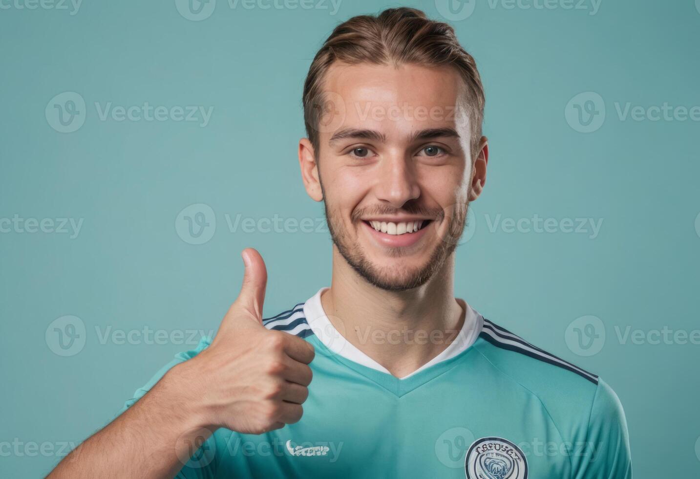 AI Generated A smiling young man in a sports jersey gives a thumbs up, his attire and gesture indicate a sporty and active lifestyle. photo