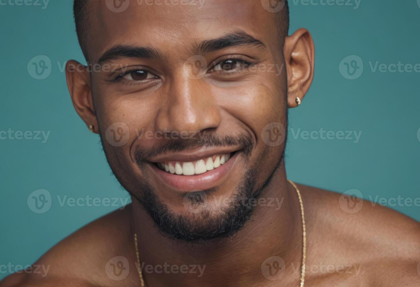 AI Generated A joyful man with a bright smile and a gold necklace, set against a turquoise backdrop. His warm smile exudes charm and happiness. photo