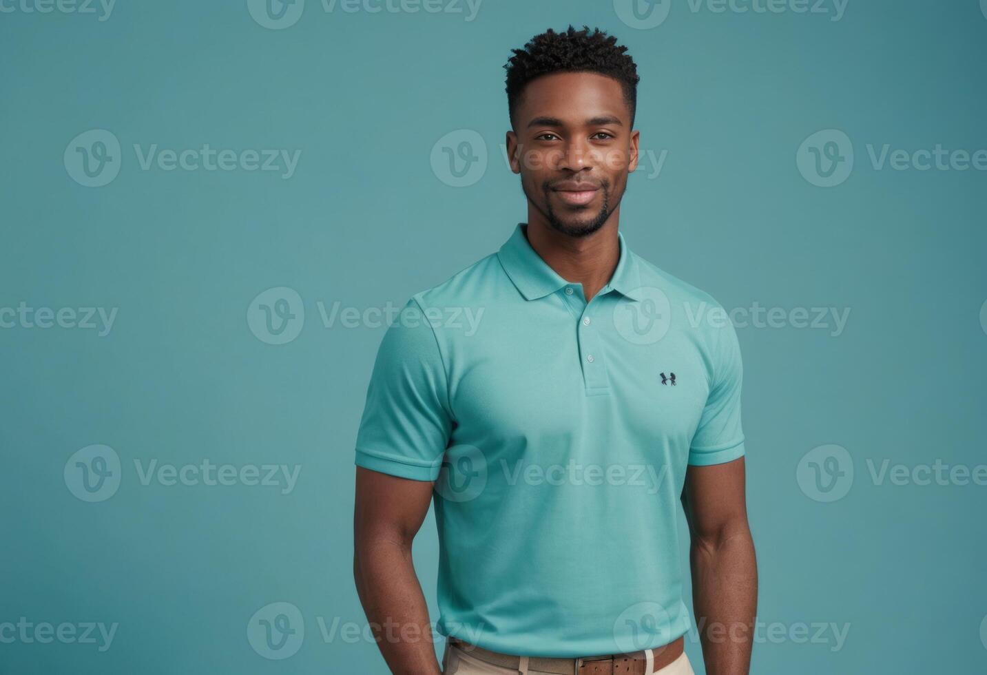 AI Generated A man in a casual polo shirt stands with confidence. Clear blue background enhances the subject's relaxed demeanor. photo