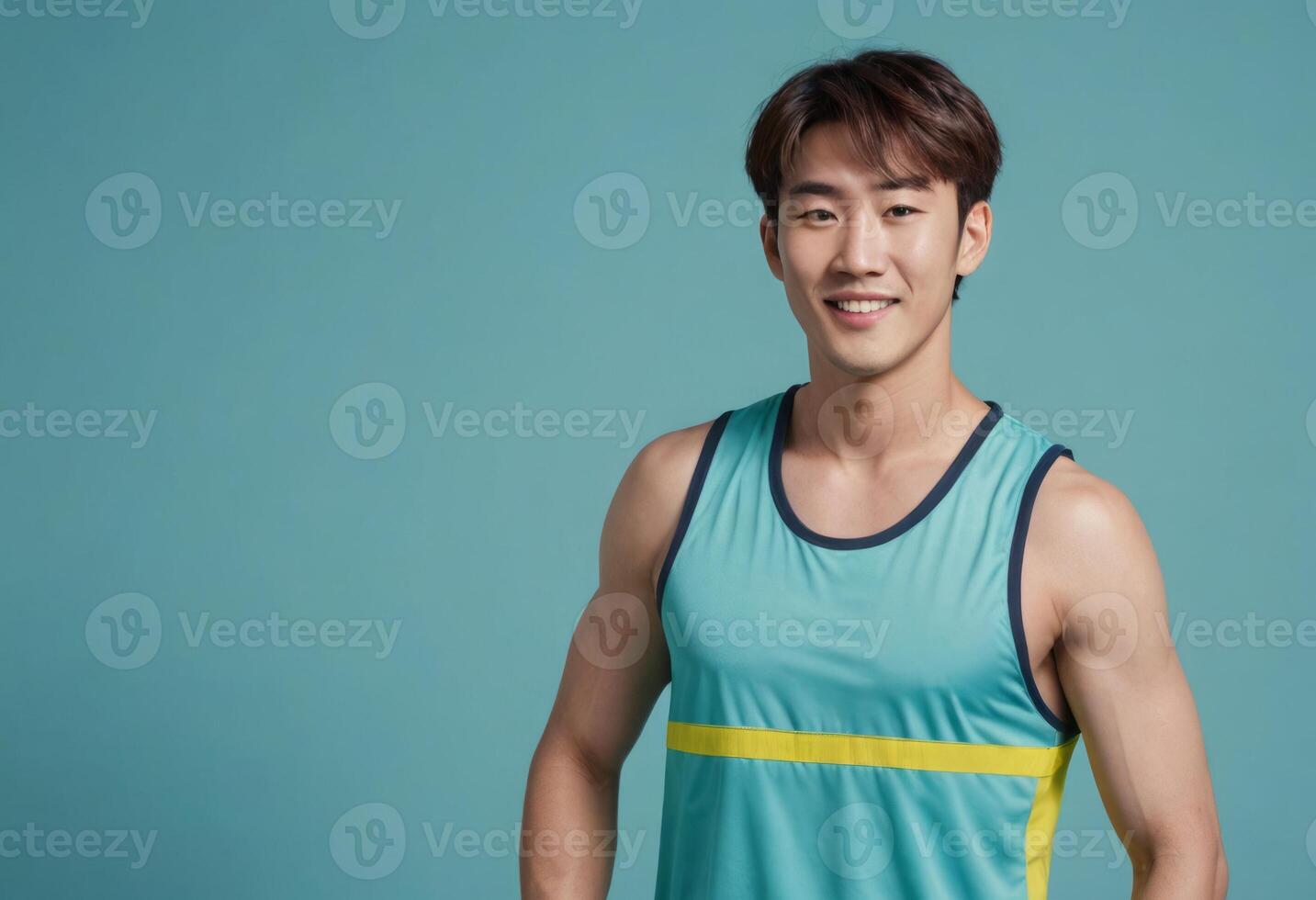 AI Generated A cheerful athletic man in a blue and yellow tank top smiles in front of a blue background, conveying energy and positivity. His friendly demeanor is inviting and warm. photo