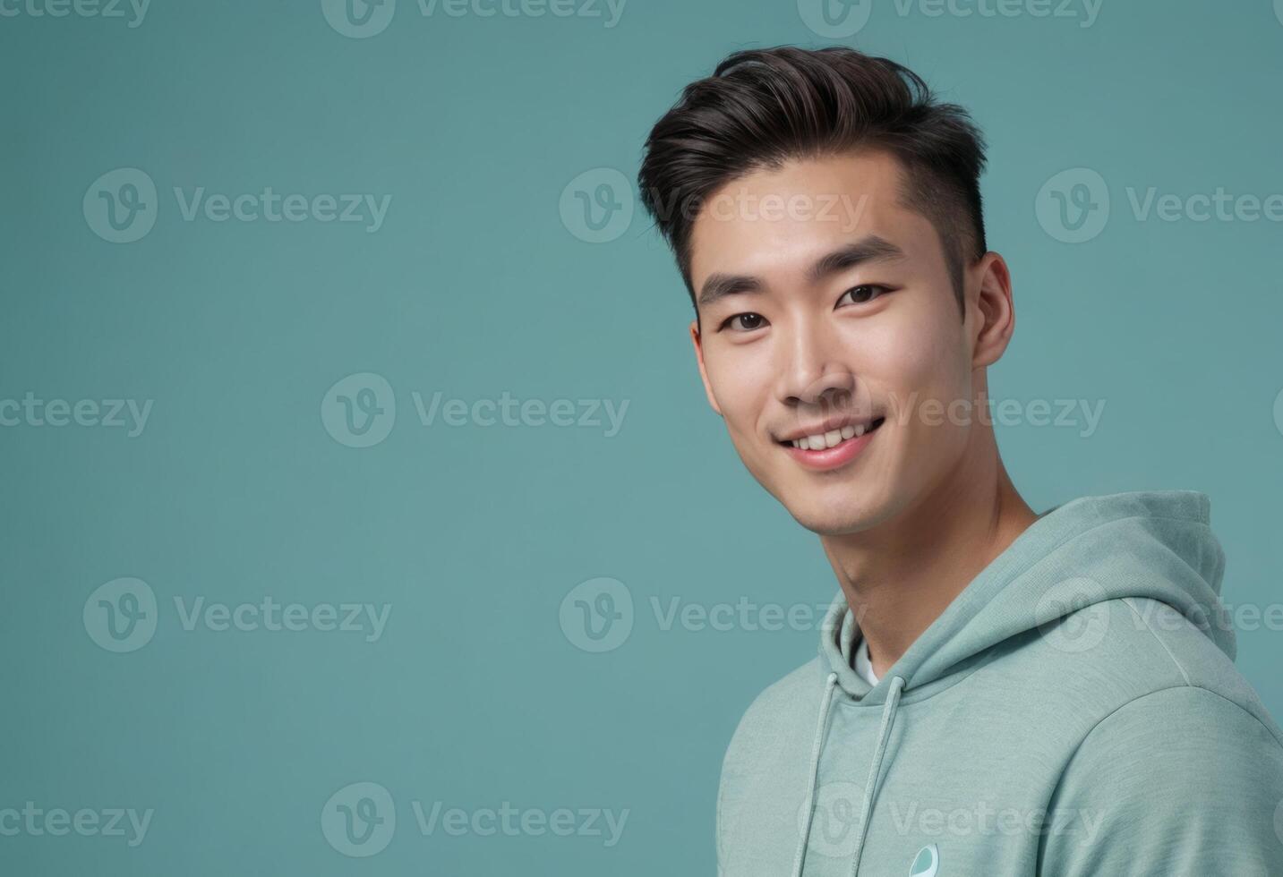 AI Generated A man in a mint hoodie smiles gently, presenting a casual yet stylish look, with the blue background enhancing his approachable vibe. photo